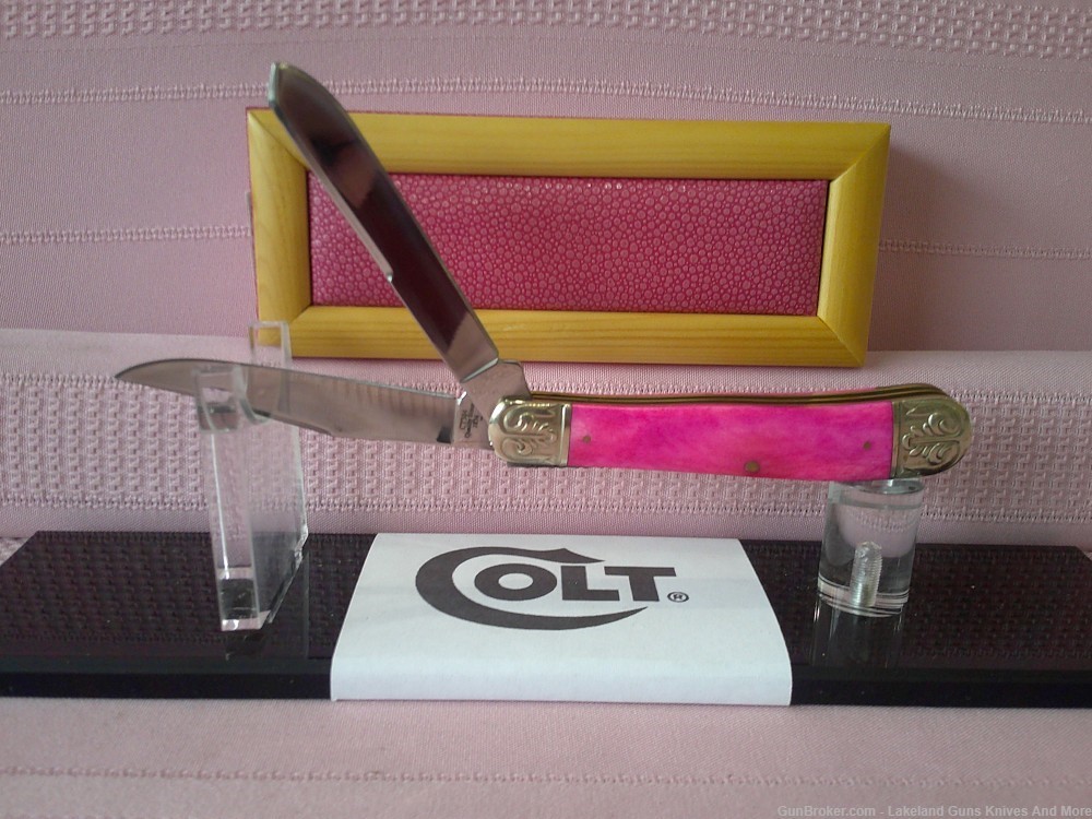 NIB Discontinued Lady Colt Engraved 2 Blade Pink Bone Trapper Knife! -img-11