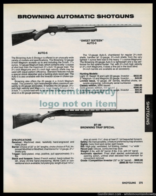 1988 BROWNING Sweet Sixteen Auto-5 BT-99 Trap Special Shotgun PRINT AD-img-0