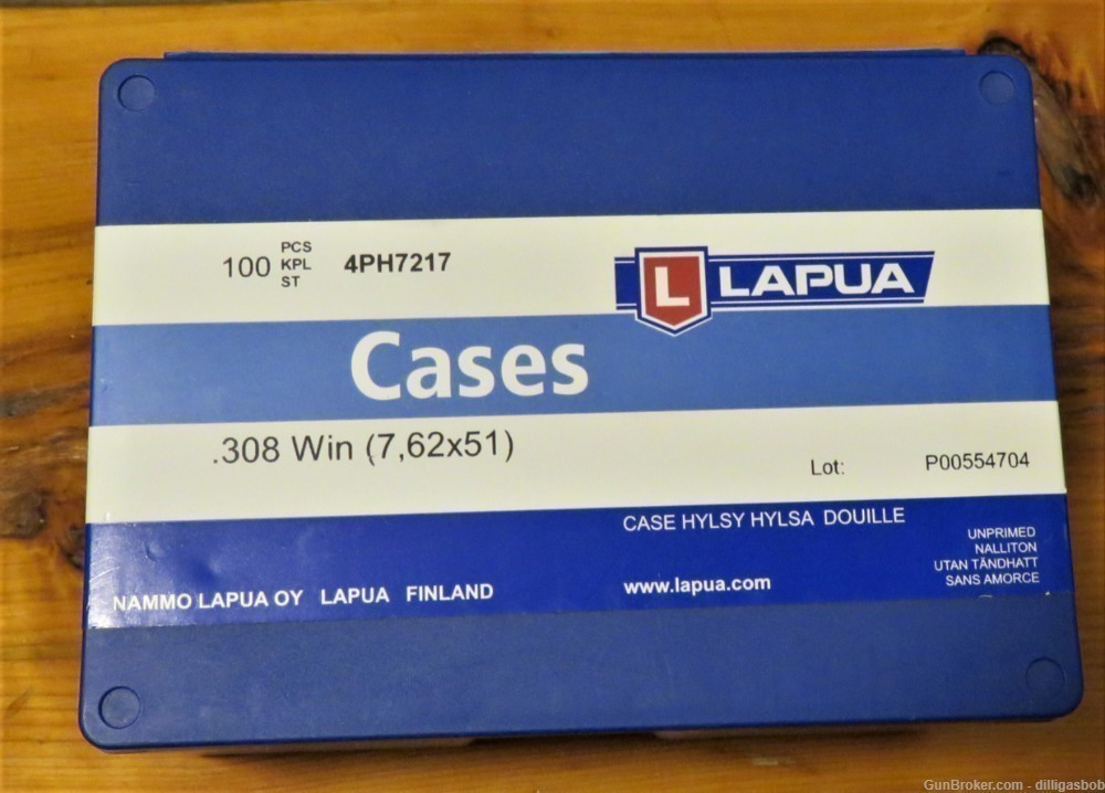LAPUA 308 WINCHESTER BRASS 1 UNOPENED BOX OF 100 LARGE PRIMER POCKETS-img-0