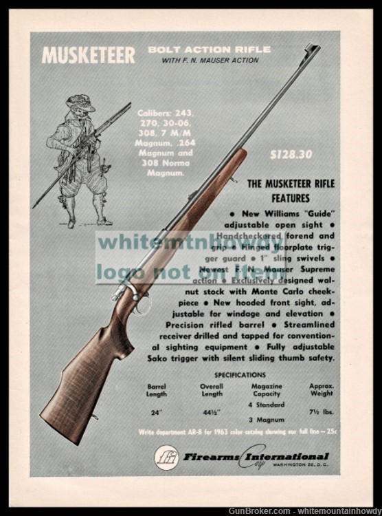 1963 MUSKETEER RIFLE  F.N. Mauser Supreme Action FI AD Original Advertising-img-0