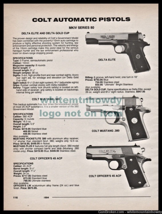 1994 COLT Delta Elite, Mustang .380, Officer's .45 ACP Pistol PRINT AD-img-0
