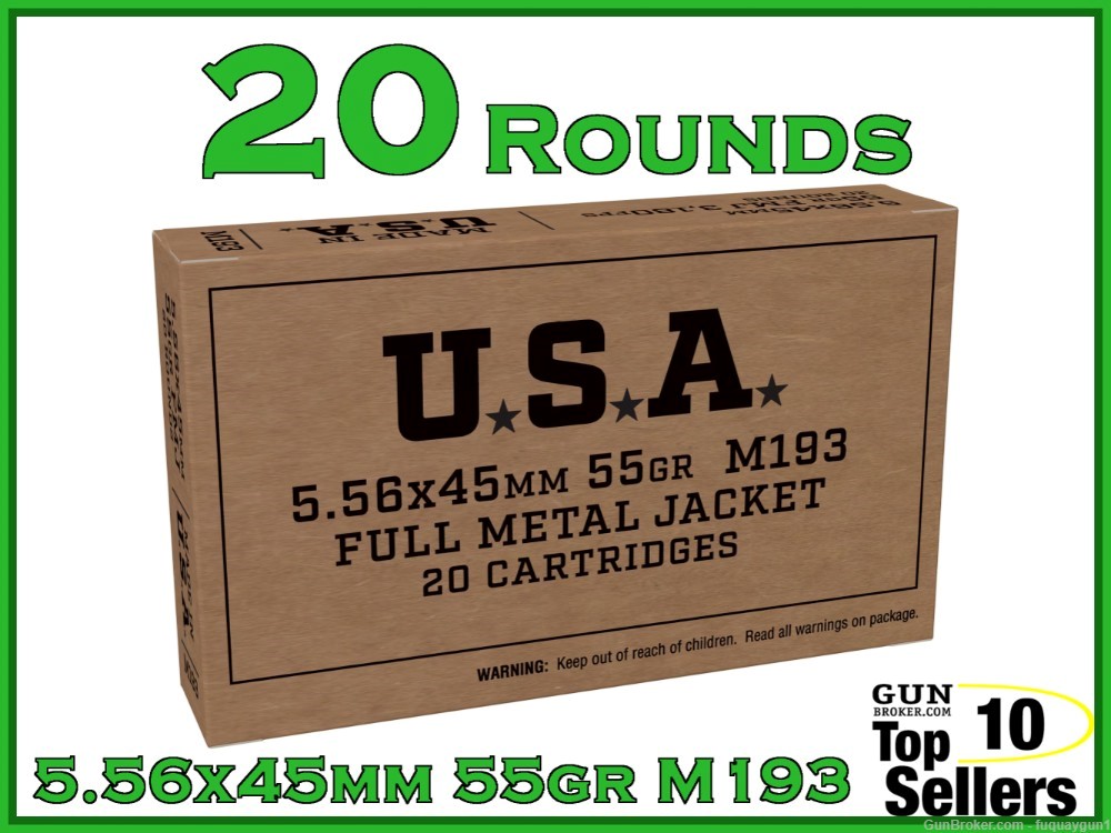 Winchester SERVICE GRADE M193 5.56x45mm 5.56 AMMO FMJ 55 GR SGM193KW 20 CT -img-0
