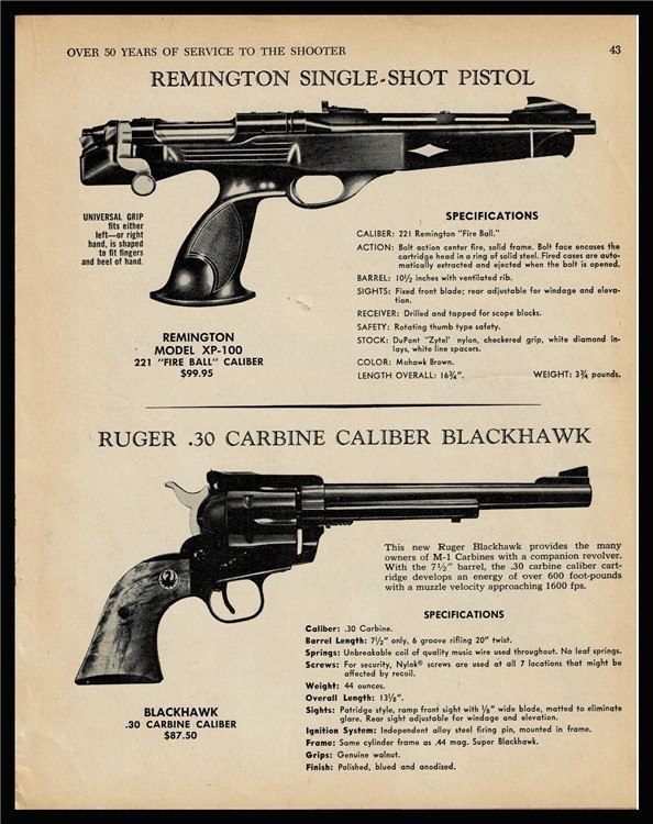 1968 REMINGTON XP-100 Fireball Pistol,  RUGER Blackhawk Revolver PRINT AD-img-0