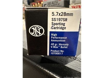 5.7x28mm | SS197SR | 500 Round | Sporting Cartridge 40gr Hornaday V-Max