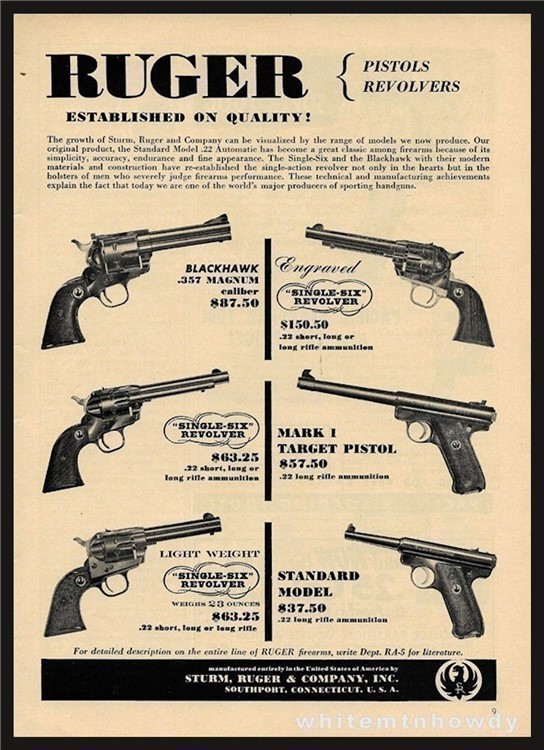 1956 RUGER Blackhawk Single-Six Mark I Standard Revolver and Pistol AD-img-0