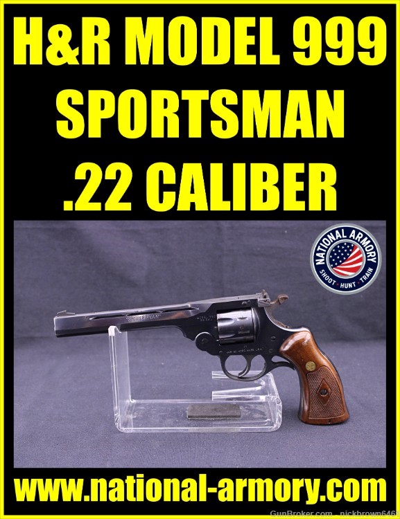 H&R MODEL 999 SPORTSMAN .22 CAL. 6” BARREL 9 SHOT BLUED W/ WOOD GRIPS-img-0