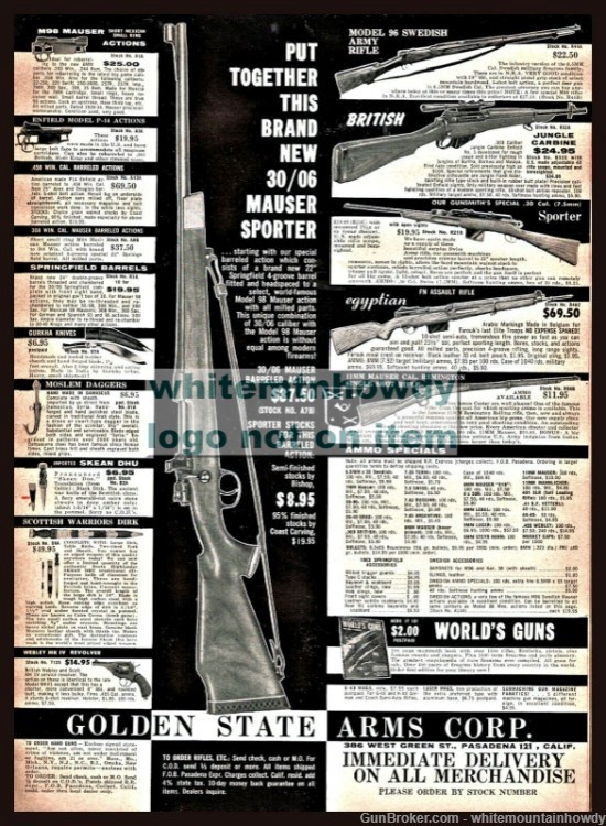 1959 Put Together MAUSER 98 Sporter 30-06 Rifle Golden State Arms PRINT AD-img-0