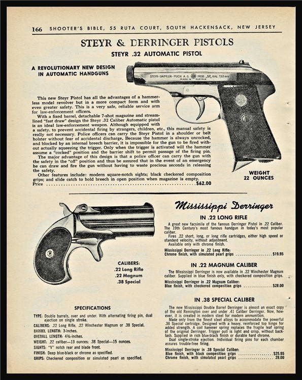 1964 STEYR .32 Automatic Pistol and Mississippi Derringer PRINT AD-img-0