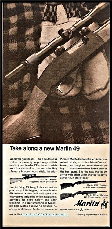1968 MARLIN 49 .22 Auto Rifle PRINT AD Vintage Gun Advertising-img-0