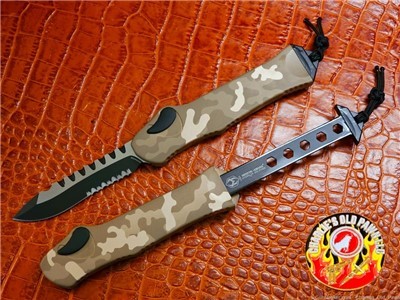 HERETIC KNIVES "HYDRA" OTF AUTO KNIFE TAN CAMO 3.6" SERRATED RECURVE 