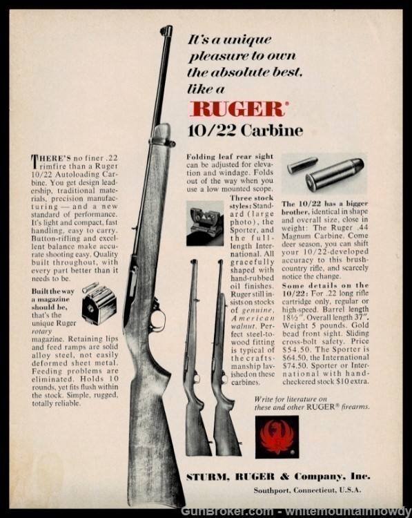 1968 RUGER 10/22 Carbine shown in 3 stock styles PRINT AD-img-0