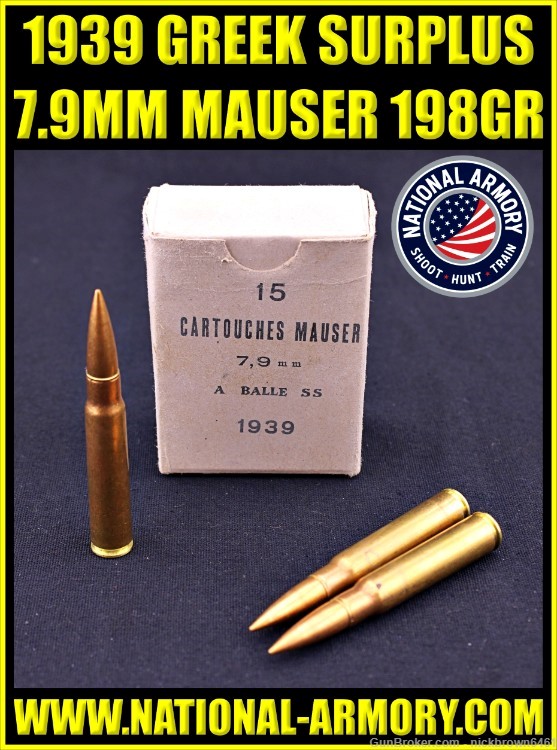 150 ROUNDS GREEK SURPLUS 1939 7.9mm MAUSER 198 GR LEAD CORE HEAVY BALL-img-0