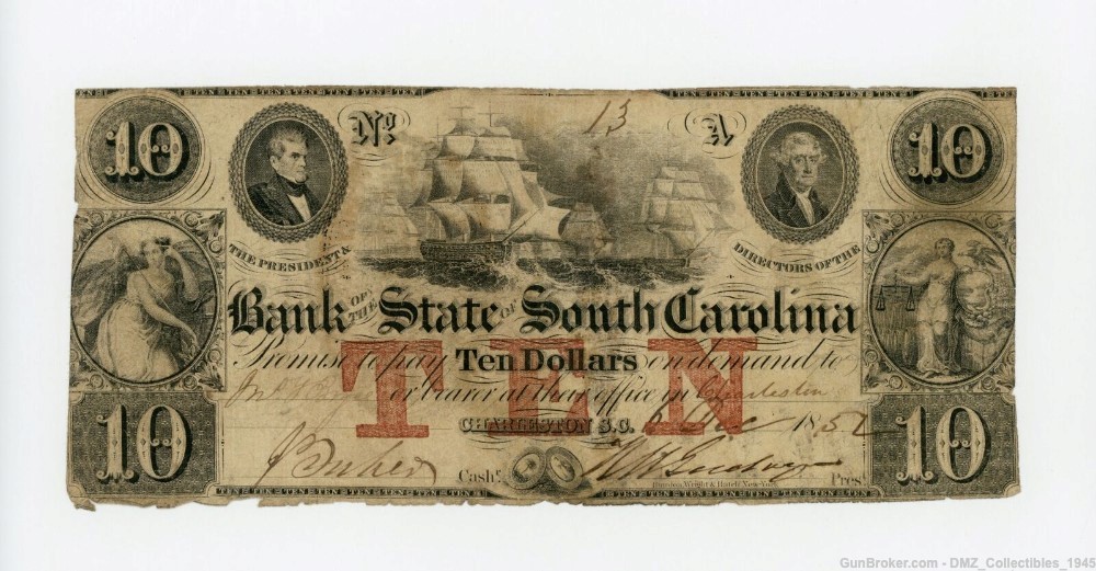 1850s $10 South Carolina Bank Note Antique Currency Money -img-0