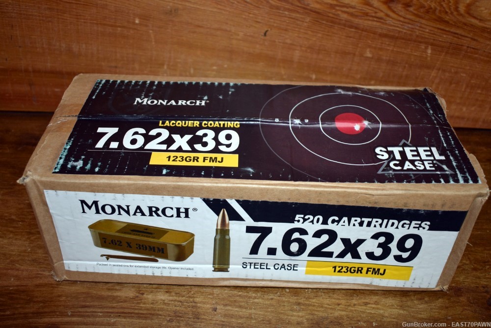 Barnaul Monarch Russian 520 Rounds of 7.62x39 123 GR FMJ Steel Case Ammo-img-0