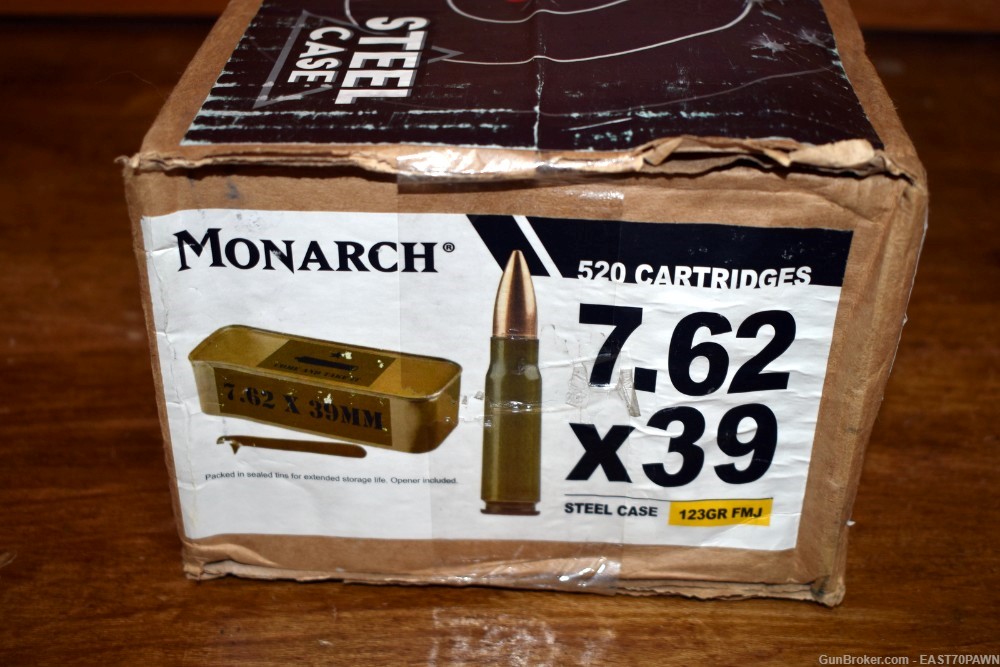 Barnaul Monarch Russian 520 Rounds of 7.62x39 123 GR FMJ Steel Case Ammo-img-1