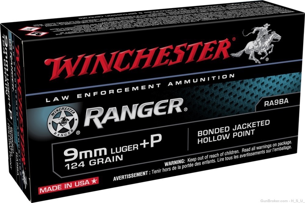 100 Rounds Winchester LE Ranger 9mm +P Ammo 9 RA9BA Hollow Point 124 grain -img-0
