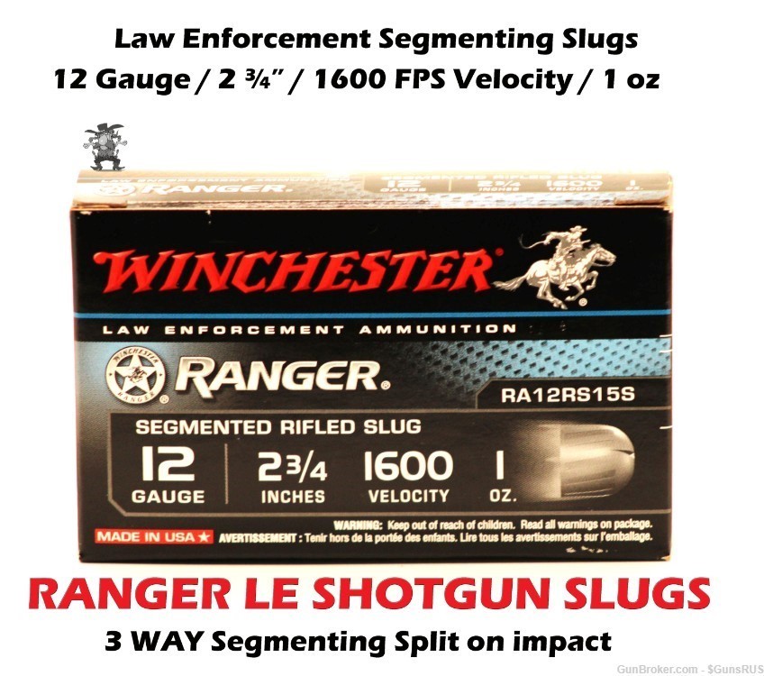 12 GA LE RANGER WINCHESER Premium 3-Way Segmenting 2¾" 1OZ 12ga SLUGS 5 RDS-img-0
