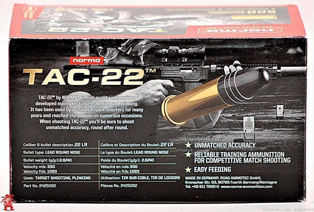 22 LR NORMA TAC 22 High Performance Rifle/Pistol 40 Gr. RN 500 RD BRICK-img-3