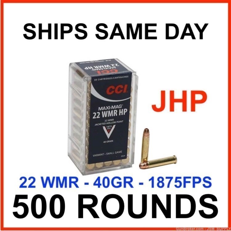 500 Rounds - CCI Maxi-Mag 22 WMR Ammo 40 Grain Jacketed Hollow Point-img-0