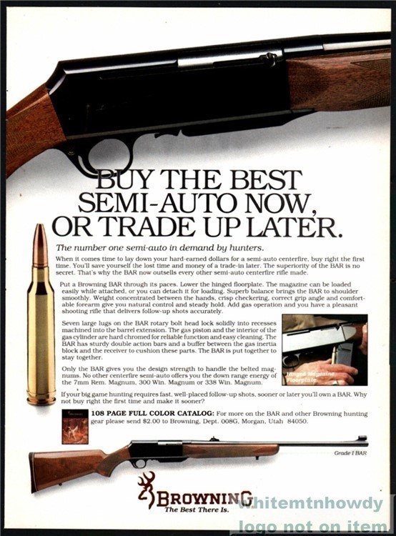 1989 BROWNING Grade 1 BAR Rifle Photo AD Vintage Hunting Advertisinh-img-0