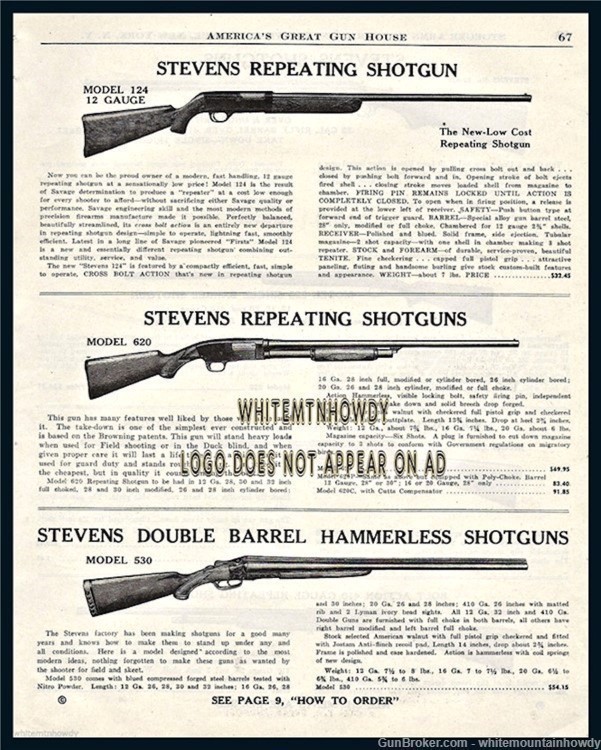 1949 STEVENS 124,620 Repeating & 530 Shotgun PRINT AD-img-0