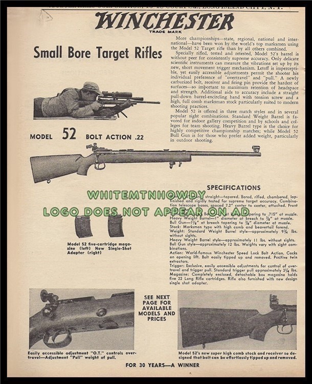 1958 WINCHESTER Model 52 Small Bore Rifle Print AD-img-0