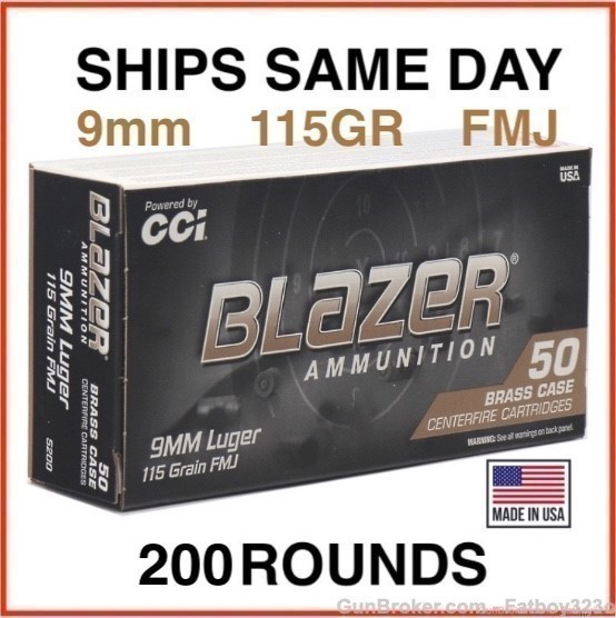 200 Rounds - CCI Blazer Brass 9mm Luger Ammo 115 Grain Full Metal ...