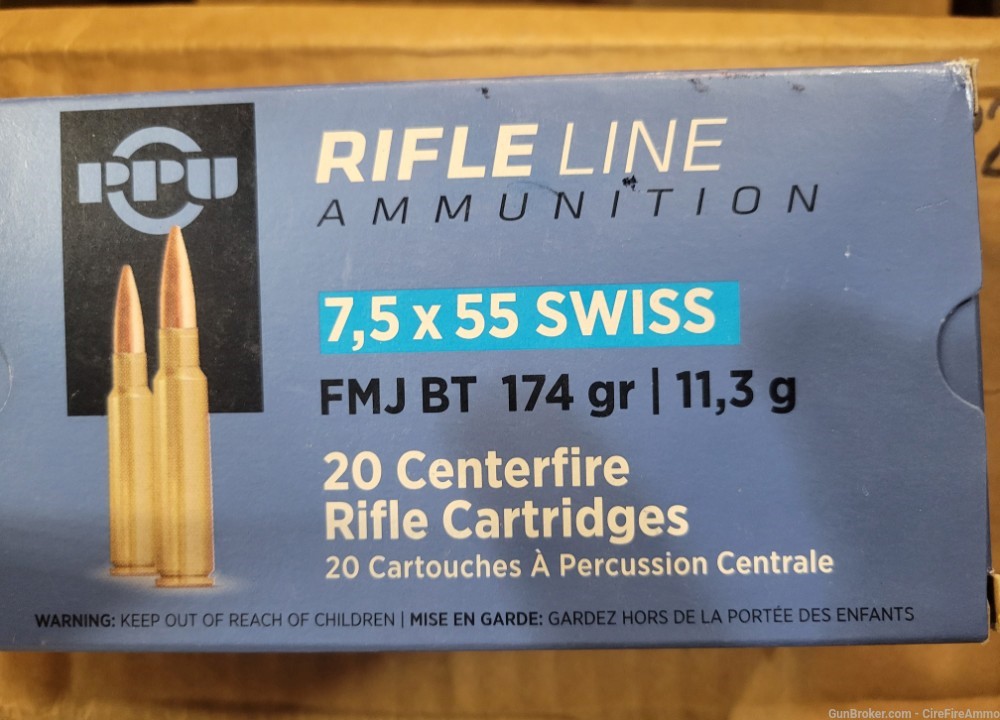 PPU Rifle Line 7,5X55 Swiss FMJ BT 174 grain/11,3 g 7.5x55 Ammo 20 rounds -img-0