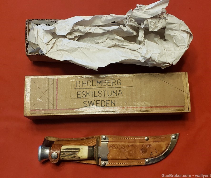 P.Holmberg Eskilstuna Sweden Knife Stag Grips Leather Case Rostfri Straight-img-0