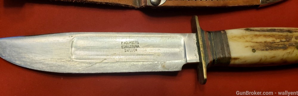 P.Holmberg Eskilstuna Sweden Knife Stag Grips Leather Case Rostfri Straight-img-5