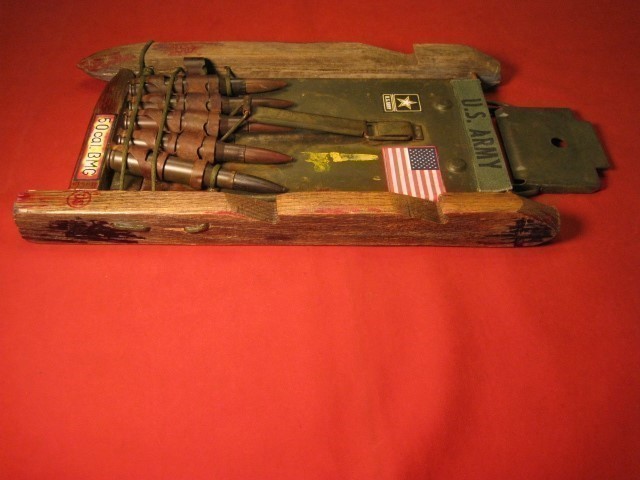 US Army 50cal BMG Display Ammo Lid Tent Stakes Old Made in U.S.A.-img-9