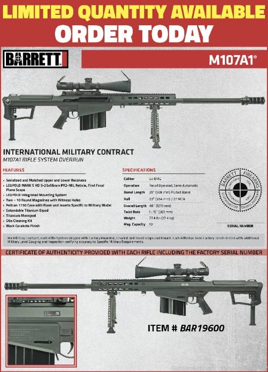 Barrett M107A1 50BMG Military Contract Overrun 10RD W/ Scope - BAR19600-img-1