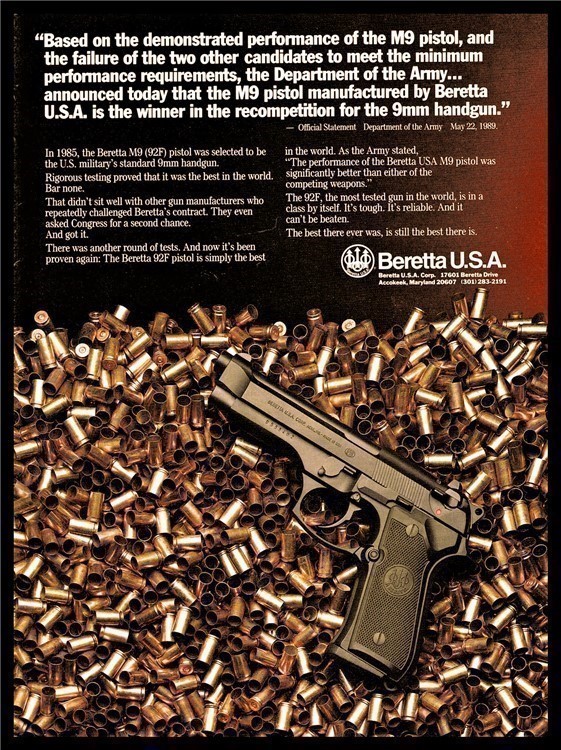 1989 BERETTA M9 92F Pistol Print AD Advertising-img-0