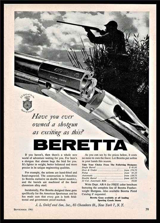 1961 BERETTA Silver Snipe Over Under Shotgun PRINT AD-img-0
