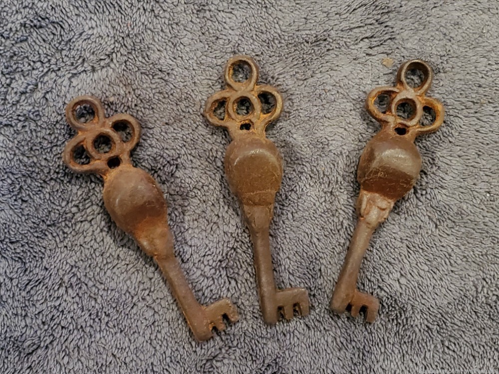 3 Antique Looking Old West Style Cool Cast Iron Skull Skeleton Keys -img-1