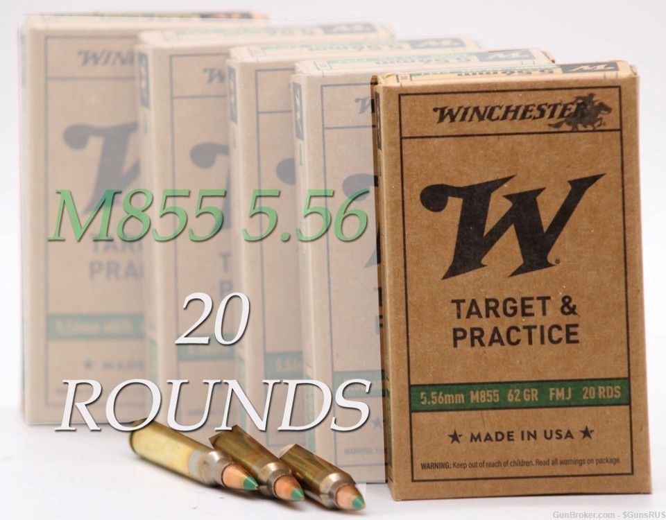 Winchester 5.56mm NATO M855 62 Grain Penetrator "Green" Tip 20 Round Box-img-1