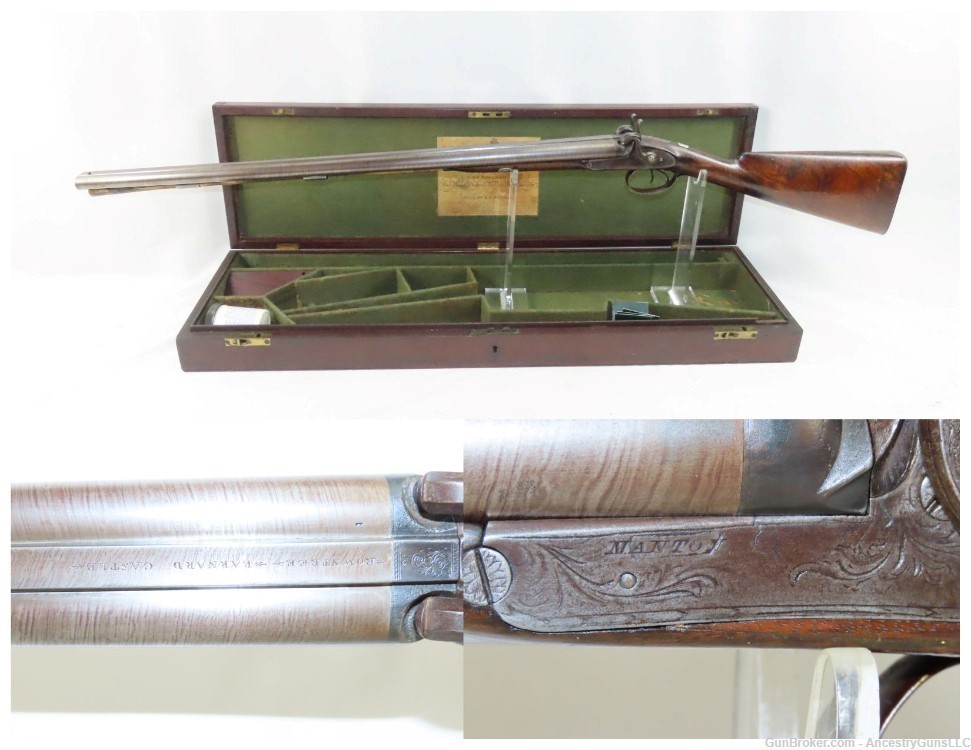 Antique CASED & Engraved MANTON Percussion DOUBLE BARREL SxS HAMMER Shotgun-img-0