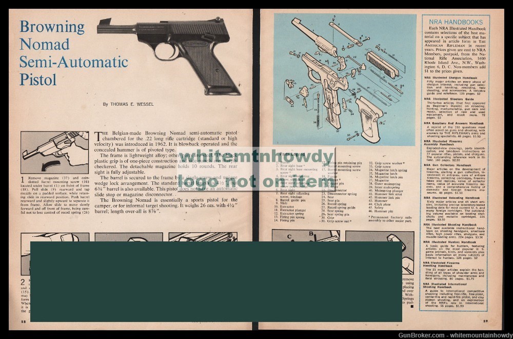 1963 BROWNING NOMAD Pistol Schematic Exploded Assembly Disassembly Article-img-0