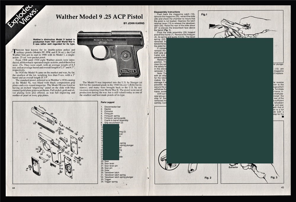 1990 WALTHER 9.25 ACP Pistol Exploded Parts List Disassembly Article-img-0