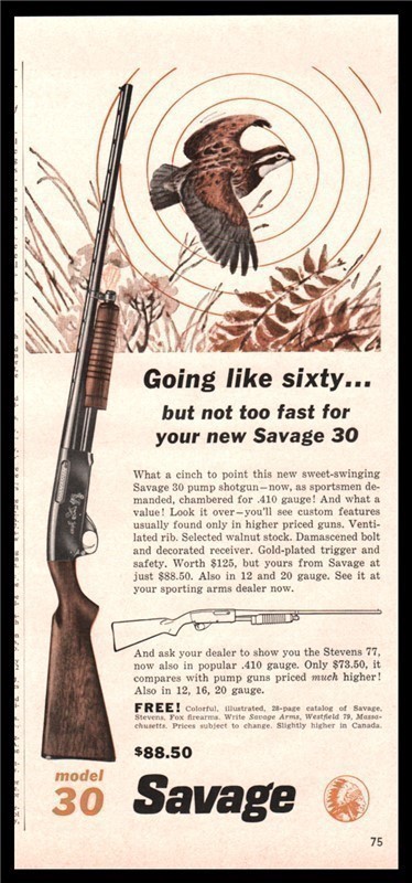 1961 SAVAGE Print AD Model 30 Shotgun  Advertisement Partridge in flight-img-0