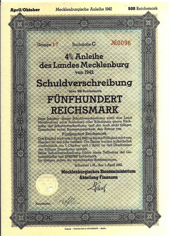 German 500 RM swastika 1942 Mecklenburg bond WWII-img-0