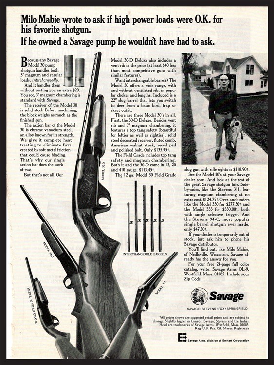 1974 SAVAGE Model 30-D Shotgun PRINT AD w/ 30 94-C and 311-img-0