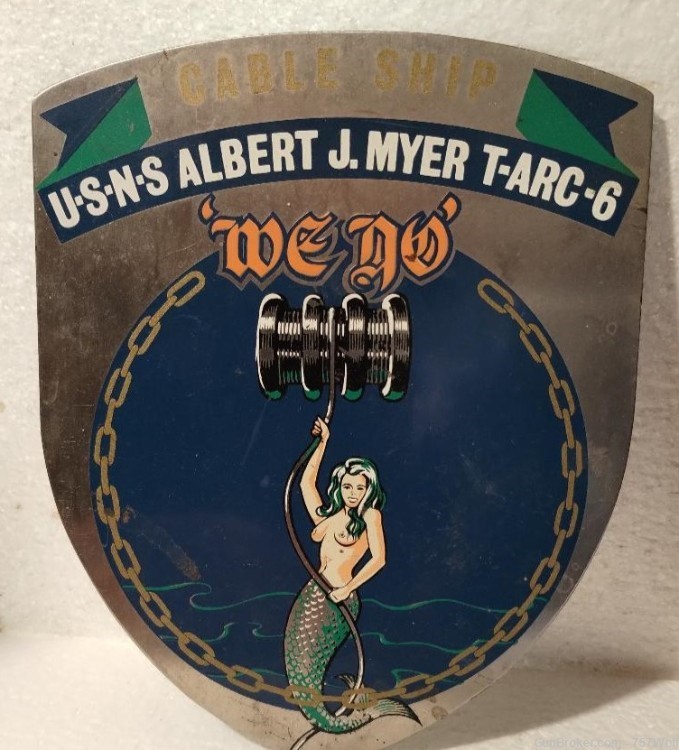 Vintage U-S-N-S Albert J. Myer T-ARC-6 Ship's Plaque Sexy Topless Mermaid-img-1