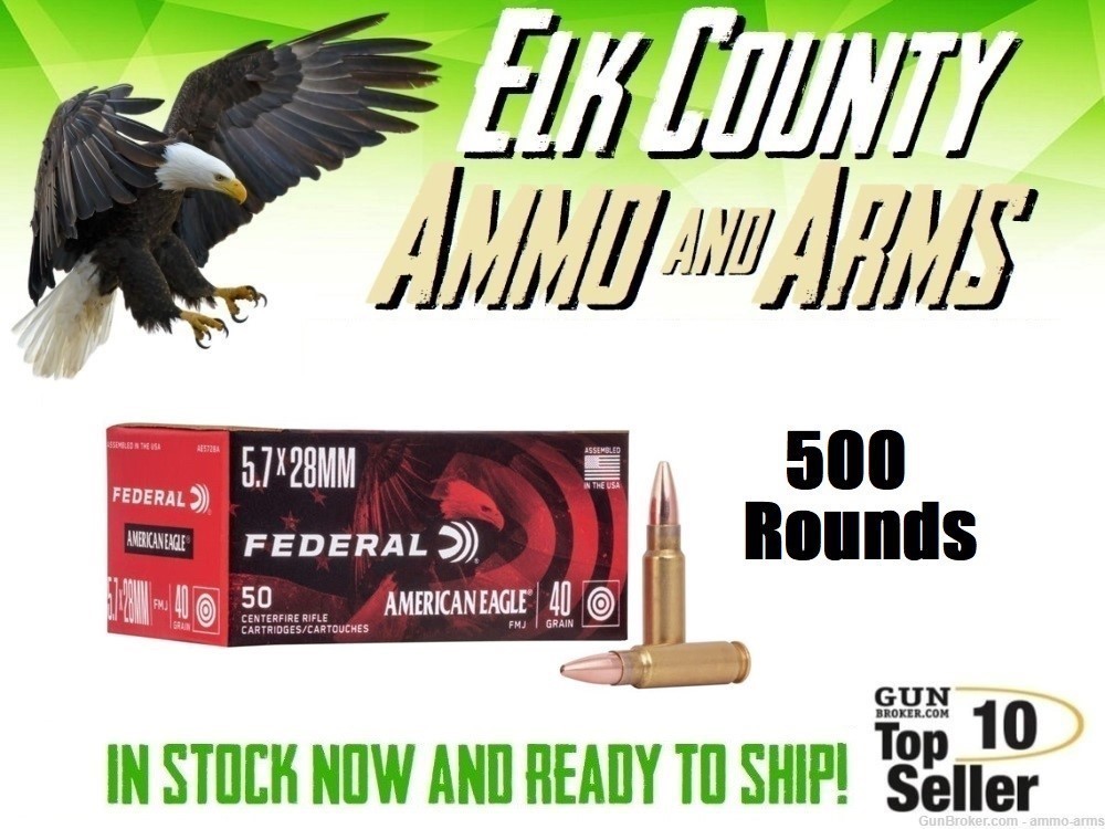 Federal Ammunition American Eagle 5.7x28 40 Grain FMJ 500 Rounds AE5728A -img-0