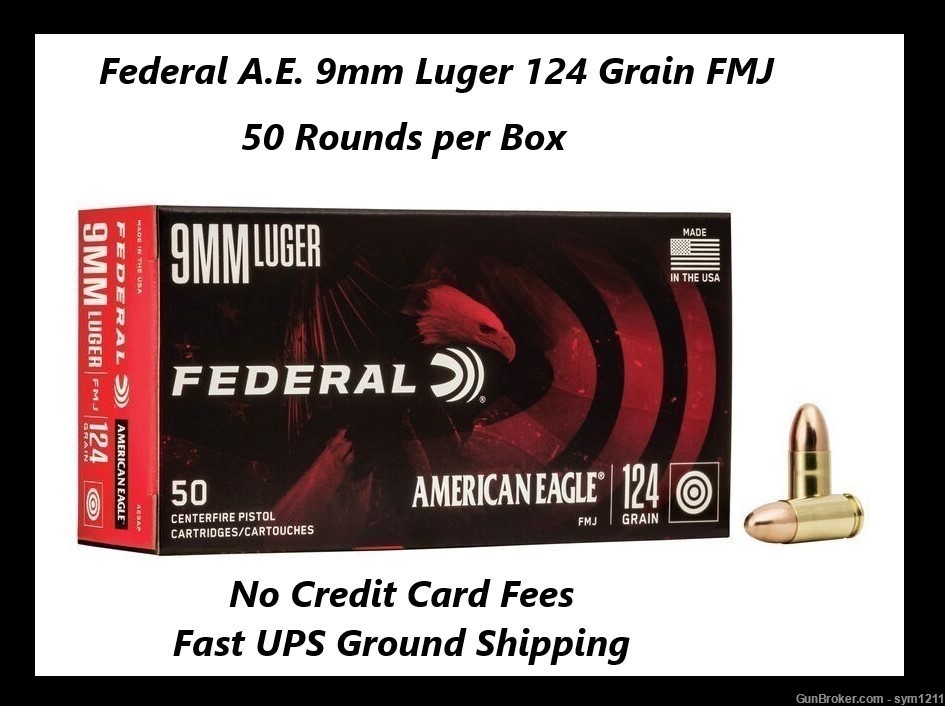 Federal American Eagle 9mm 124 gr Luger AE9AP FMJ Factory New Ammunition-img-0
