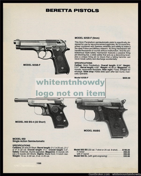 1986 BERETTA Model 92SB-F 950BS-4 950BS Pistol PRINT AD-img-0