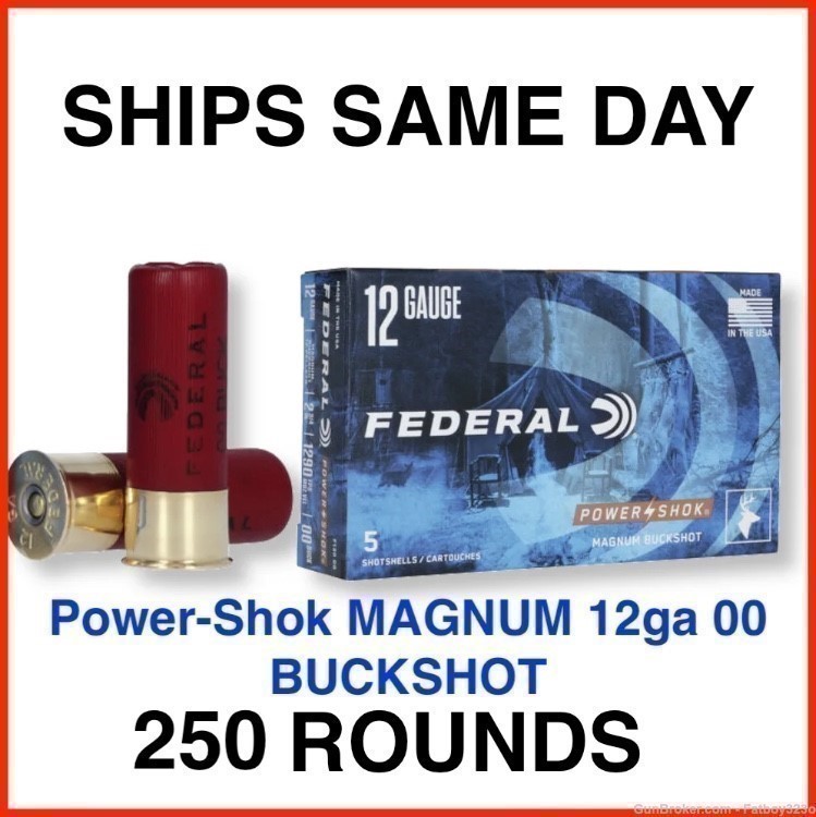 250 Rounds - Federal Power-Shok 12 Gauge Ammo 2-3/4" 00 Buckshot 12 Pellets-img-1