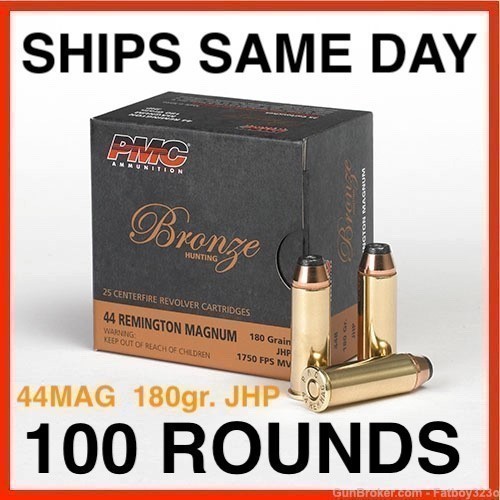 100 Rounds - PMC Bronze 44 Remington Magnum Ammo 180 Grain JHP-img-0