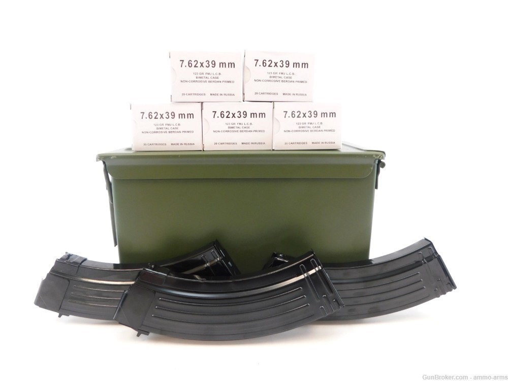 100 Rnds Barnaul 7.62x39 ammo 123 Grain FMJ  (3) 30 Round Mags + Ammo Can-img-1