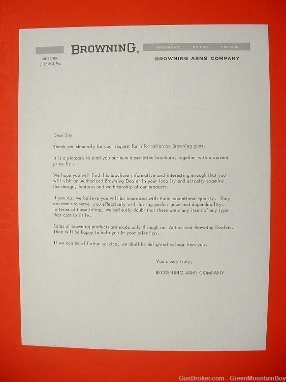 1962 OEM BROWNING Catalog, Price List, Factory Letter Set-Scarce!-img-2
